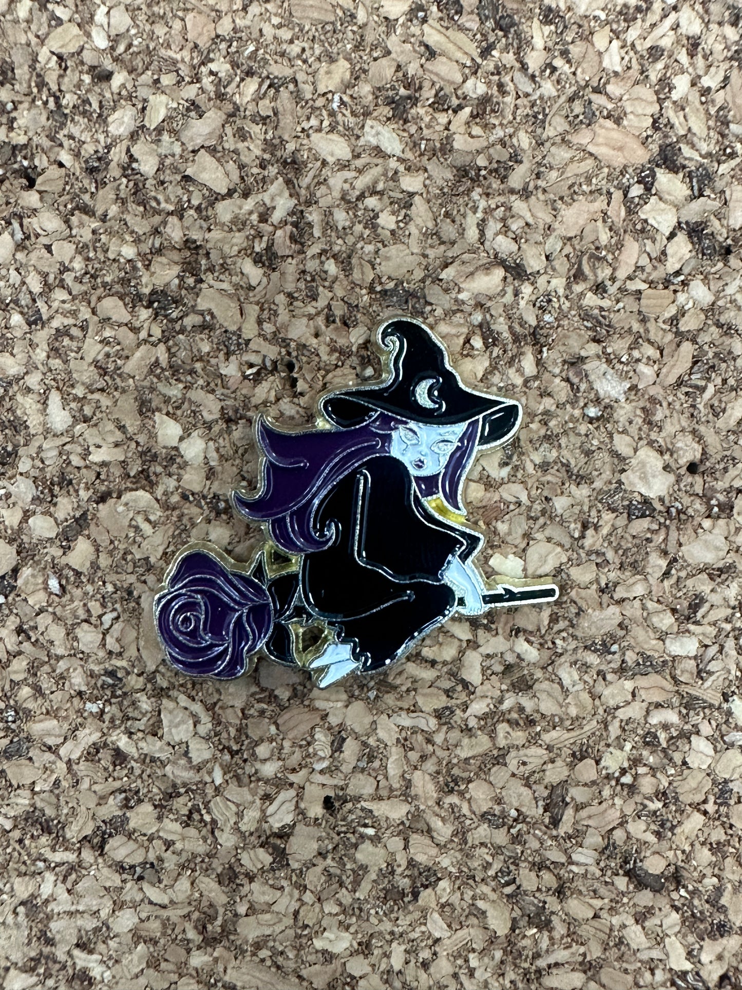 Witch on Rose Broom Pin Badge
