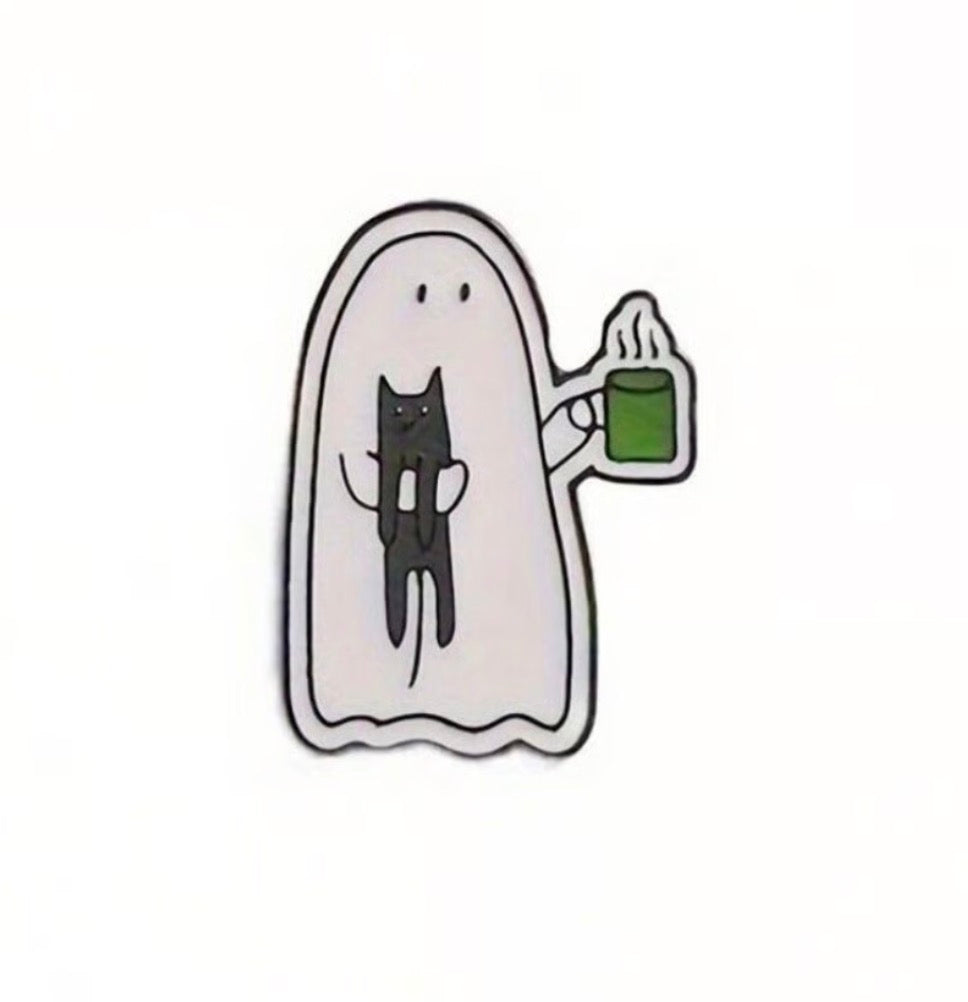 Ghost with Cat & Coffee Pin Badge