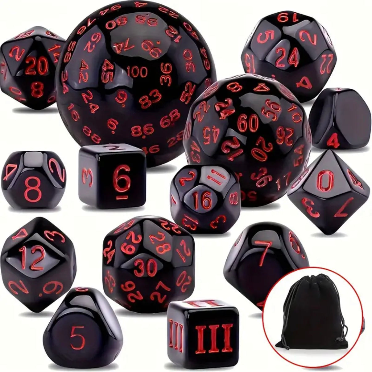 Black and Red 15pc Dice & Pouch Set