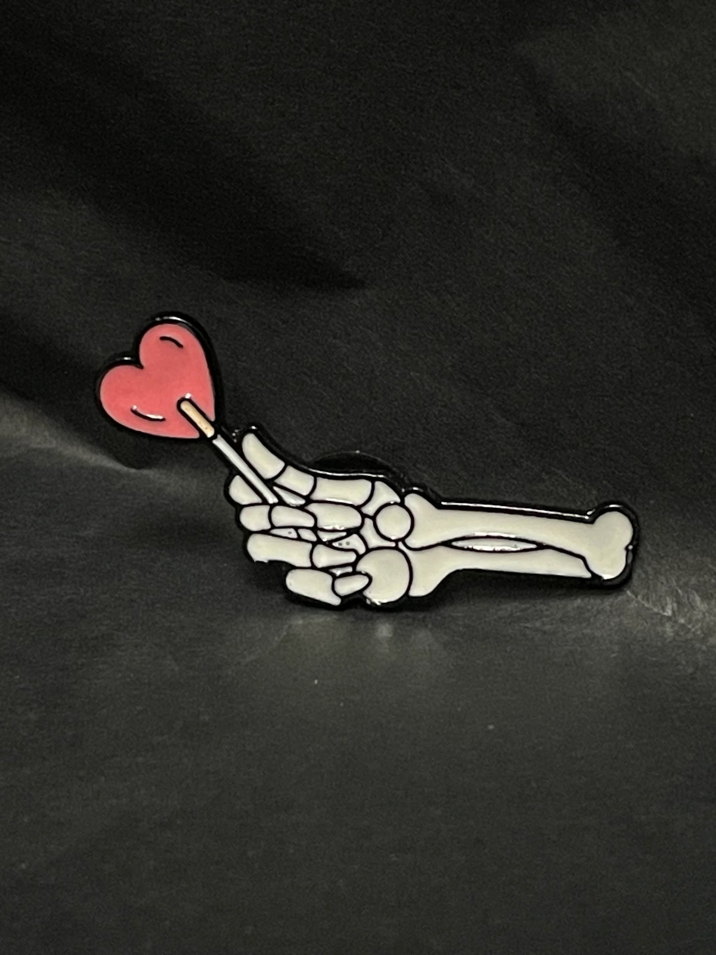 Skeleton Hand with Love Heart Pin Badge