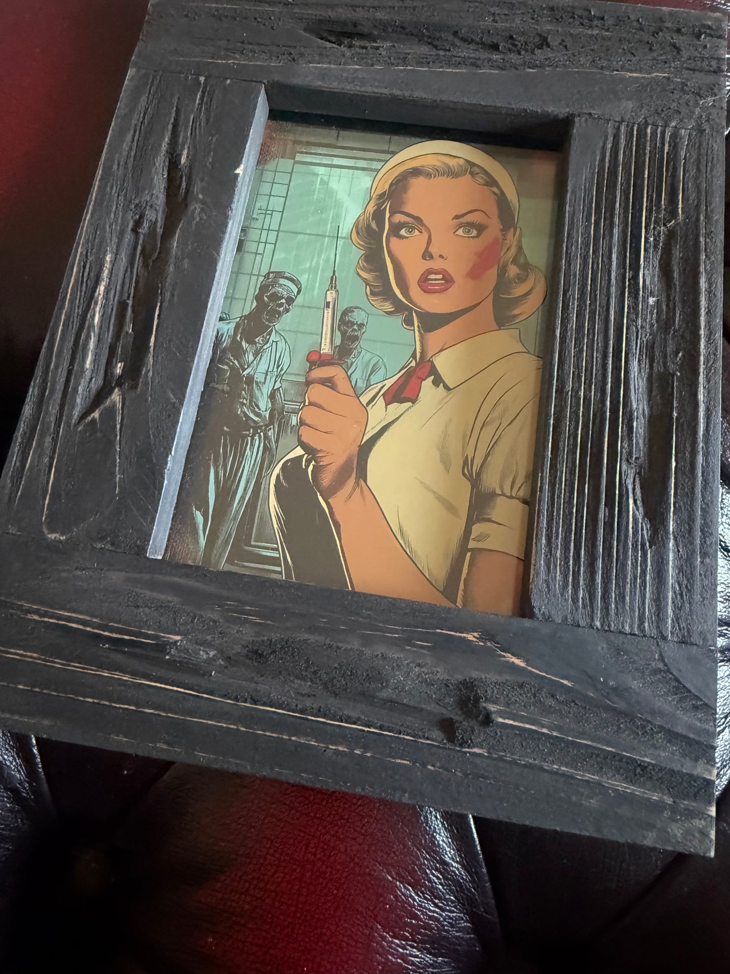Zombie Nurse A6 Print in Rustic Wooden Frame
