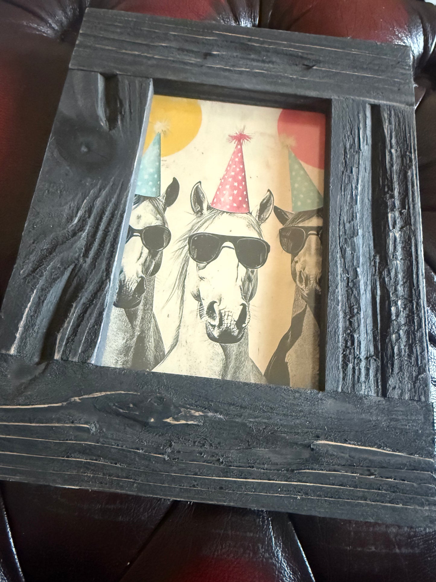 Party Horses A6 Print in Rustic Wooden Frame
