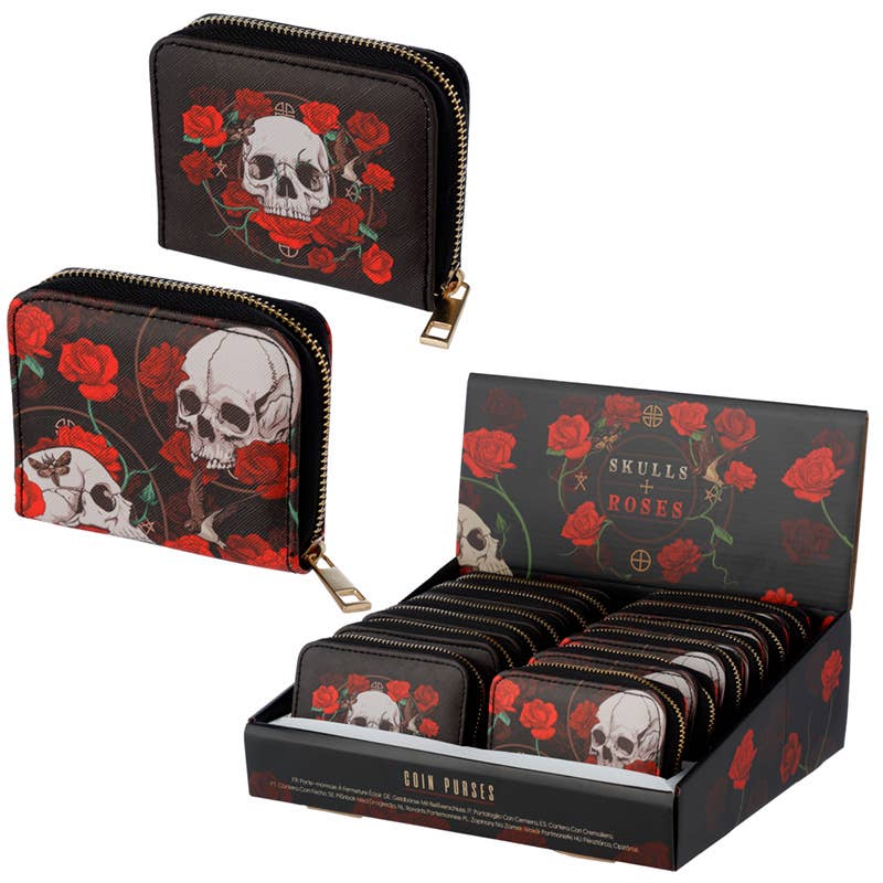 Skulls and Roses Zip Around Small Wallet Purse