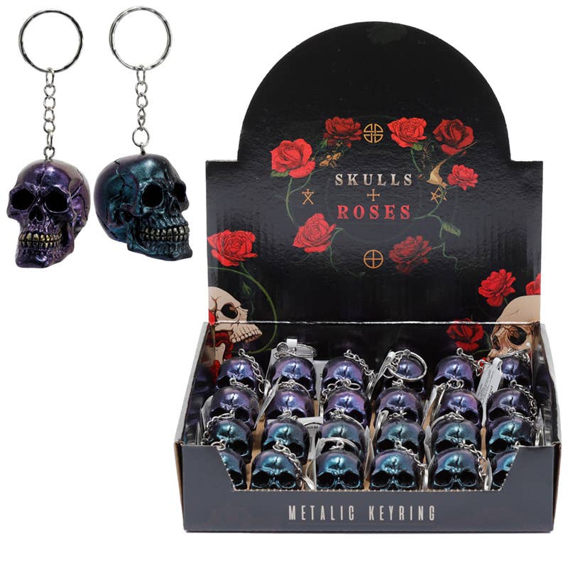 Skulls and Roses Dark Metallic and Gold Skull Keyring