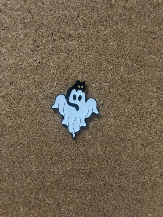 Spooky Ghost With Black Cats Pin Badge