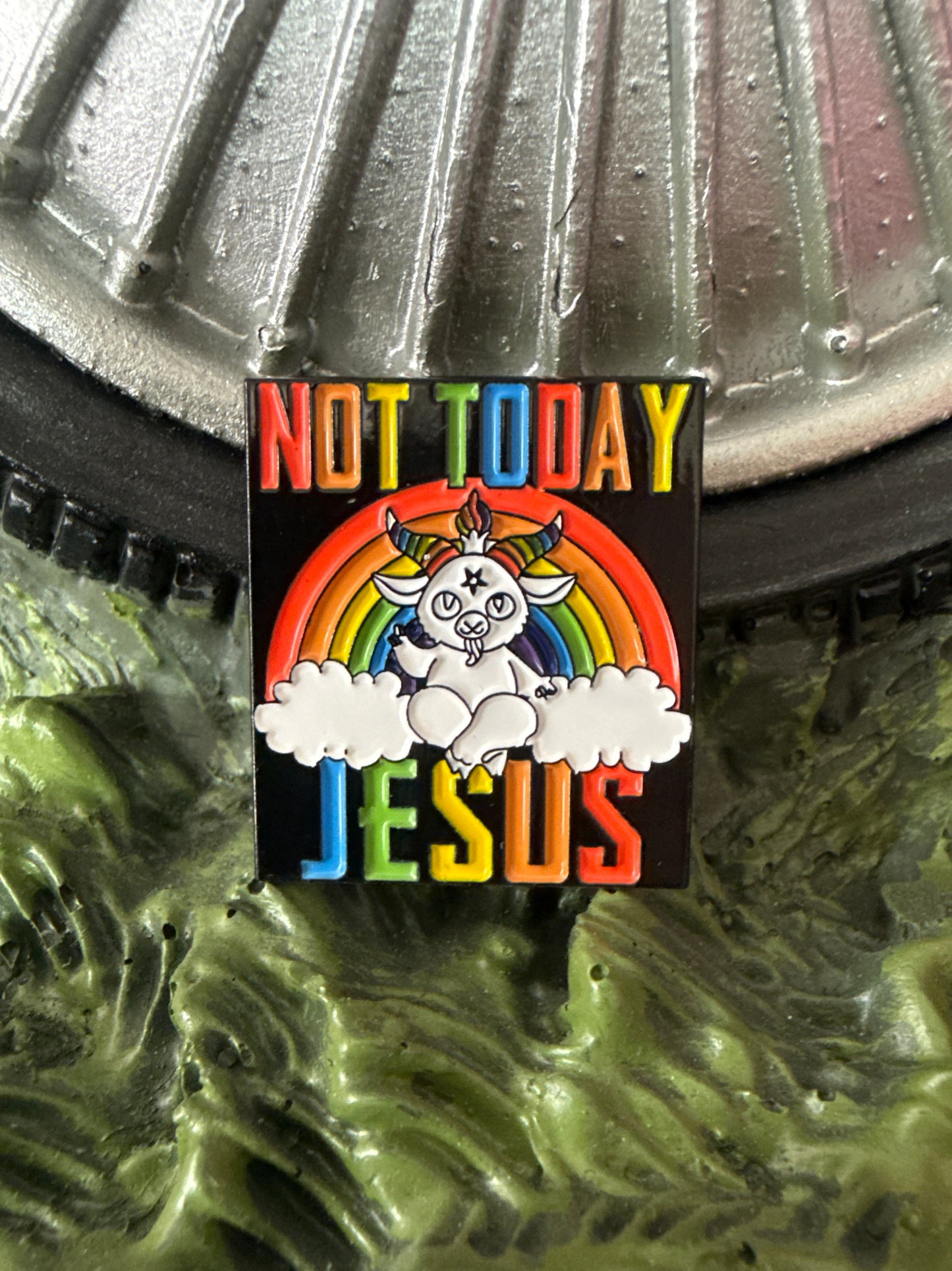 Not Today Jesus Rainbow Pin Badge