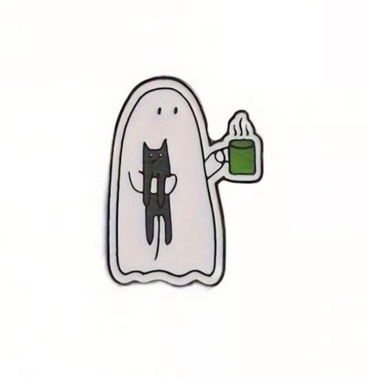 Ghost with Cat & Coffee Pin Badge