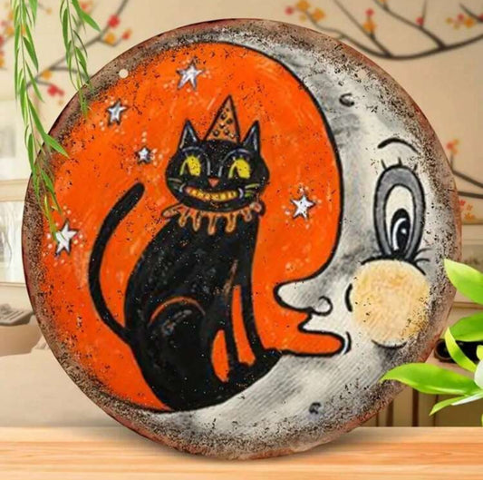Cat and The Moon Metal Sign