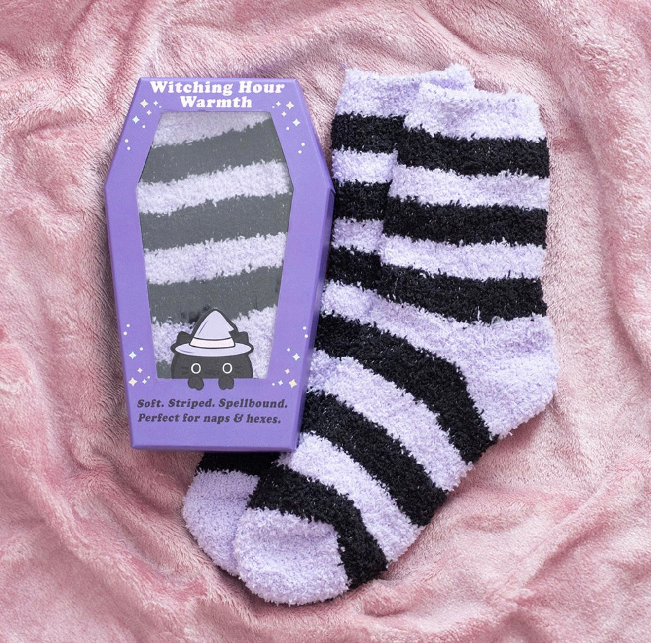 Pastel Purple & Black Striped Socks in Coffin Gift Box