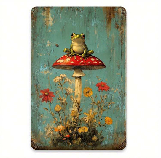 Frog on Mushroom Metal Sign