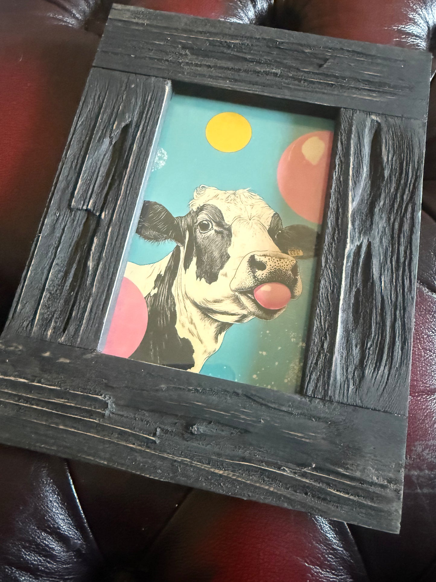 Bubblegum Cow A6 Print in Rustic Wooden Frame