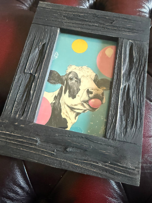 Bubblegum Cow A6 Print in Rustic Wooden Frame