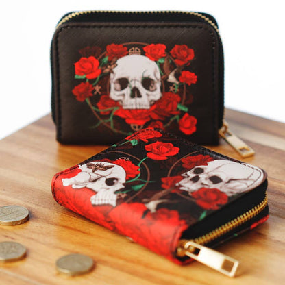 Skulls and Roses Zip Around Small Wallet Purse